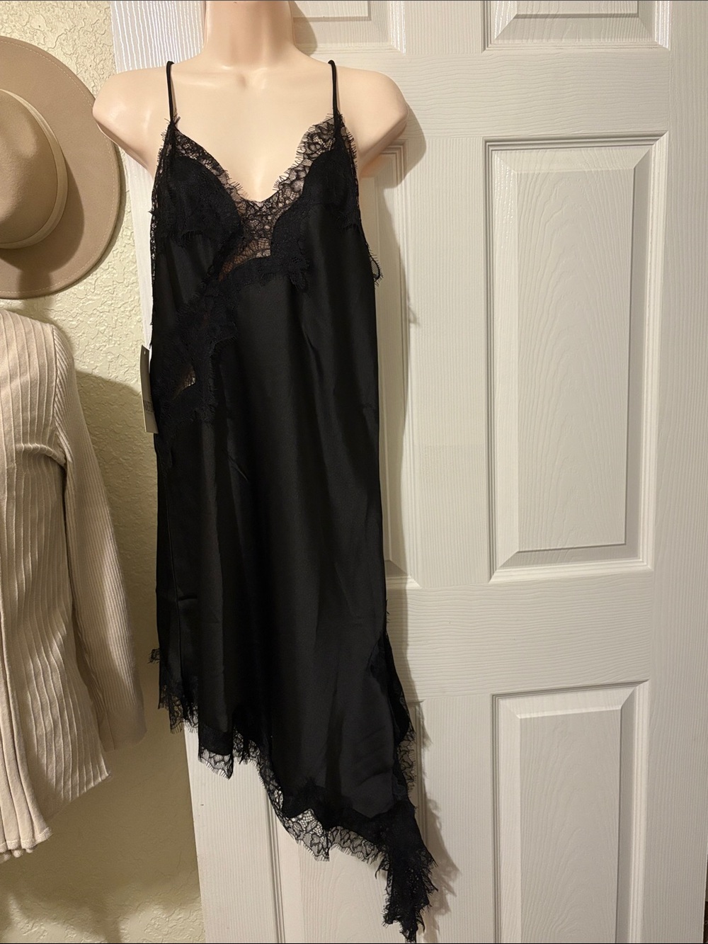Black Lace Trim Satin Slip Dress - Picture 1 of 2